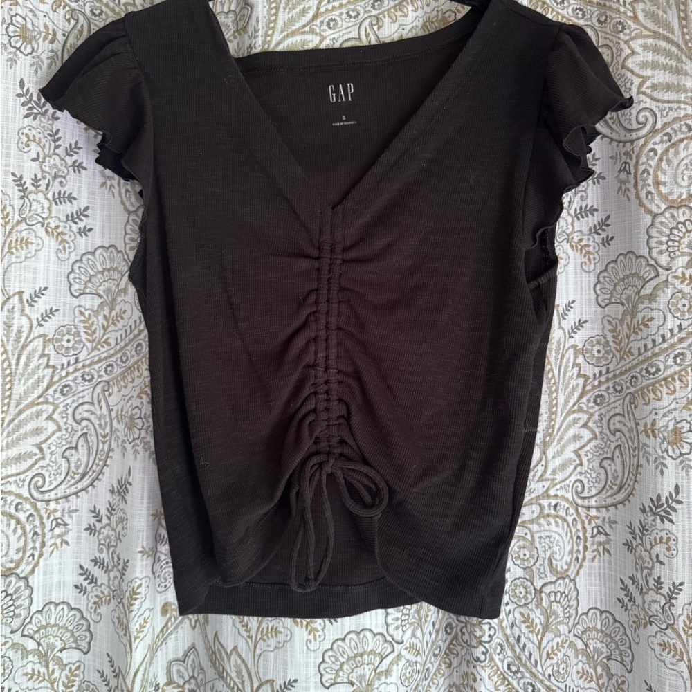 GAP Black Ruched V-Neck Tee with Flutter Sleeves